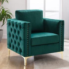 Modern Velvet Armchair Tufted Button Accent Chair Club Chair with Steel Legs for Living Room Bedroom; Green