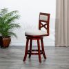30" Bar Height X-Back Swivel Stool; Cherry Finish; Beige Fabric Seat
