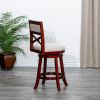 30" Bar Height X-Back Swivel Stool; Cherry Finish; Beige Fabric Seat