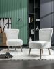 Teddy Fabric Button Accent Slipper Chair With Wooden Legs For Dining Room Living Room Bedroom,White
