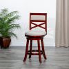 30" Bar Height X-Back Swivel Stool; Cherry Finish; Beige Fabric Seat