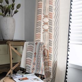 Boho Cream Cotton And Linen Print Sun Shade Non-punched Curtain Fabric (Option: Perforated fringed curtains-W135xH46CM)